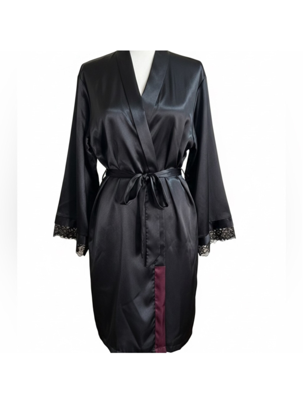 Vintage Black Satin Robe with Lace Trim